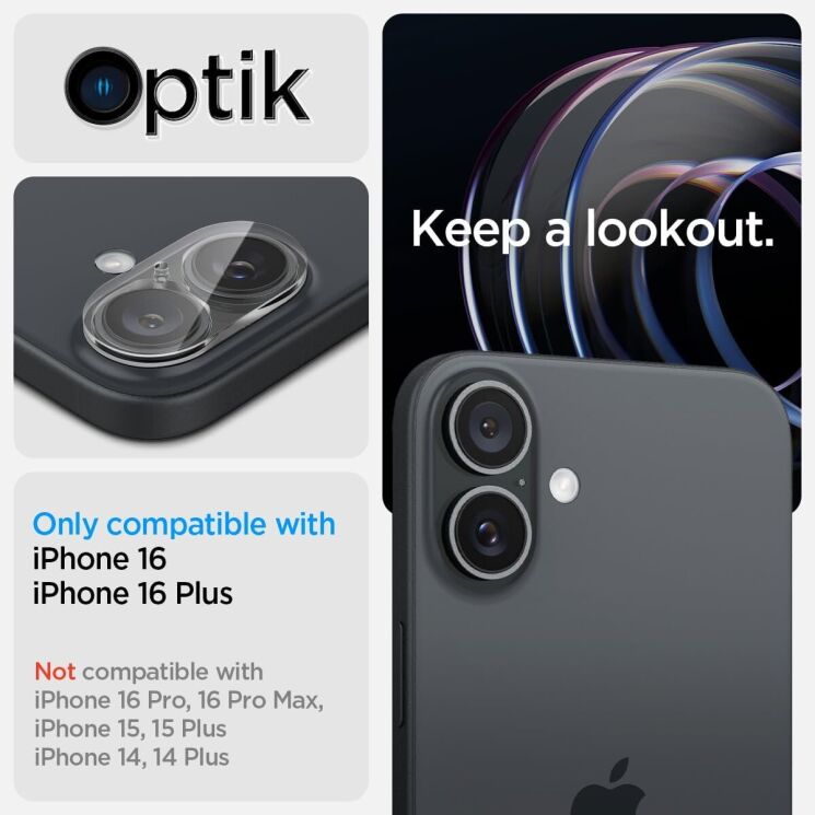 Комплект защитных стекол Spigen (SGP) Optik Lens Protector для Apple iPhone 16 / 16 Plus: фото 2 из 7