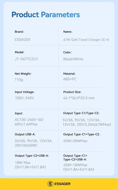 Мережевий зарядний пристрій ESSAGER 67W Kolsang GaN 2Type-C + USB (ECTAC-KSB01-Z) - Black: фото 17 з 17