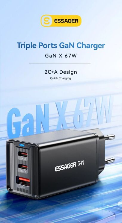 Мережевий зарядний пристрій ESSAGER 67W Kolsang GaN 2Type-C + USB (ECTAC-KSB01-Z) - Black: фото 5 з 17