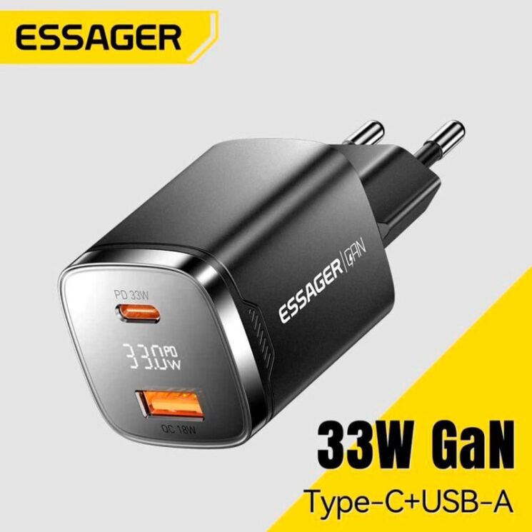 Сетевое зарядное устройство ESSAGER Gamet 33W GaN C+U (ECT33W-GMB01-Z) - Black (995691B) Сетевое зарядное устройство ESSAGER Gamet 33W GaN C+U (ECT33W-GMB01-Z) - Black: фото 5 из 12