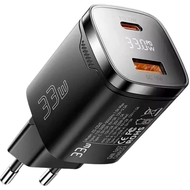 Сетевое зарядное устройство ESSAGER Gamet 33W GaN C+U (ECT33W-GMB01-Z) - Black (995691B) Сетевое зарядное устройство ESSAGER Gamet 33W GaN C+U (ECT33W-GMB01-Z) - Black: фото 1 из 12