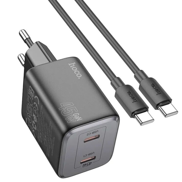 Сетевое зарядное устройство Hoco N42 Elogiado 2C PD45W + кабель Type-C to Type-C - Black: фото 1 из 10