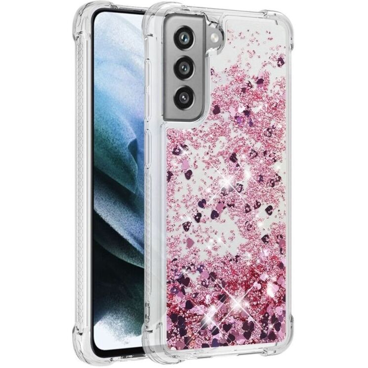 Силиконовый (TPU) чехол Deexe Liquid Glitter для Samsung Galaxy S21 FE (G990) - Rose Gold Hearts: фото 2 из 7