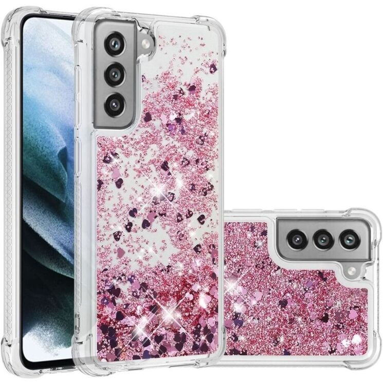 Силиконовый (TPU) чехол Deexe Liquid Glitter для Samsung Galaxy S21 FE (G990) - Rose Gold Hearts: фото 1 из 7
