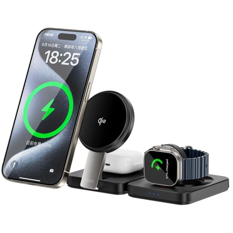 Беспроводное зарядное устройство WIWU Wi-W028 QI2 3 in 1 (15W) - Black: фото 2 из 5