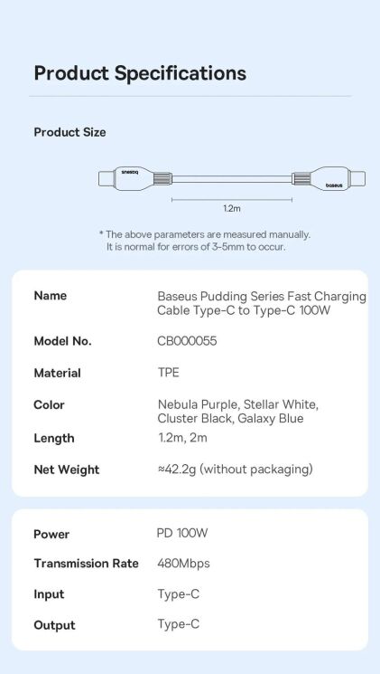 Кабель Baseus Pudding Series Type-C to Type-C (100W, 2m) P10355702111-01 - Black (896189B) Кабель Baseus Pudding Series Type-C to Type-C (100W, 2m) P10355702111-01 - Black: фото 24 з 26