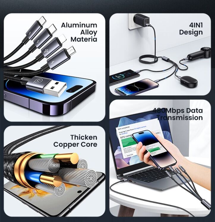 Кабель USAMS SJ739 4 In 1 USB to 2Type-C+Lightning+Micro-USB (15W, 3A, 1.2m) - Gray: фото 5 з 15