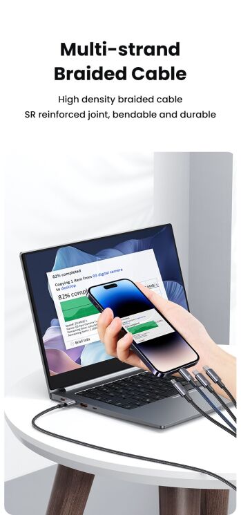 Кабель USAMS SJ739 4 In 1 USB to 2Type-C+Lightning+Micro-USB (15W, 3A, 1.2m) - Gray: фото 14 з 15