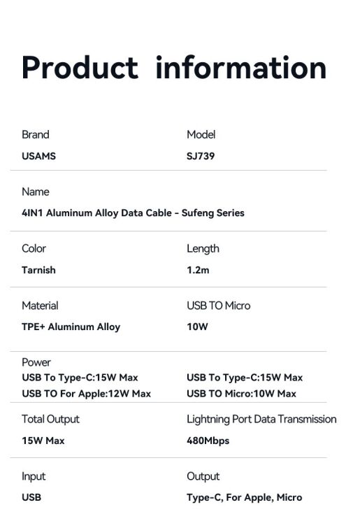 Кабель USAMS SJ739 4 In 1 USB to 2Type-C+Lightning+Micro-USB (15W, 3A, 1.2m) - Gray: фото 15 з 15