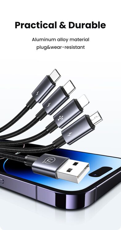 Кабель USAMS SJ739 4 In 1 USB to 2Type-C+Lightning+Micro-USB (15W, 3A, 1.2m) - Gray: фото 8 з 15