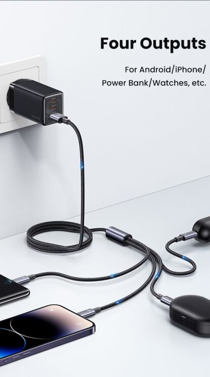 Кабель USAMS SJ739 4 In 1 USB to 2Type-C+Lightning+Micro-USB (15W, 3A, 1.2m) - Gray: фото 6 з 15