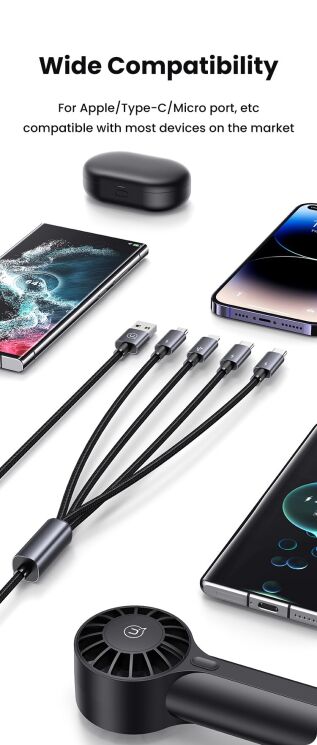 Кабель USAMS SJ739 4 In 1 USB to 2Type-C+Lightning+Micro-USB (15W, 3A, 1.2m) - Gray: фото 10 з 15