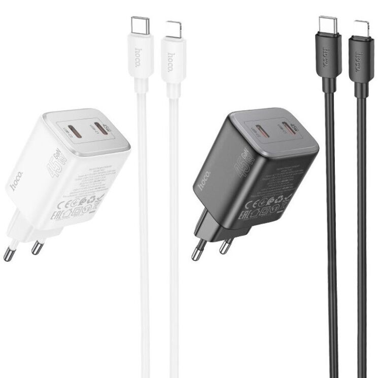 Сетевое зарядное устройство Hoco N42 Elogiado 2C PD45W + кабель Type-C to Lightning - Black: фото 9 из 11
