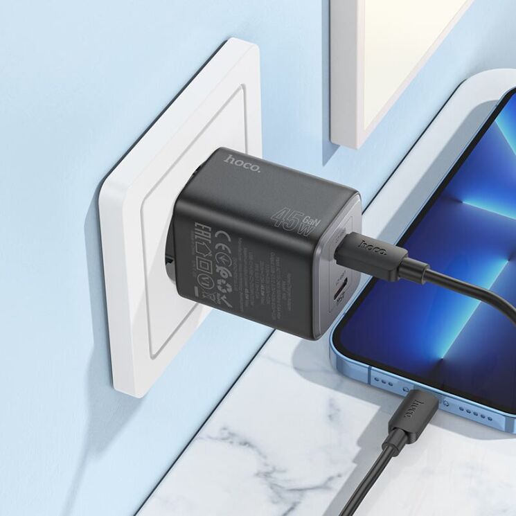 Сетевое зарядное устройство Hoco N42 Elogiado 2C PD45W + кабель Type-C to Lightning - Black: фото 11 из 11