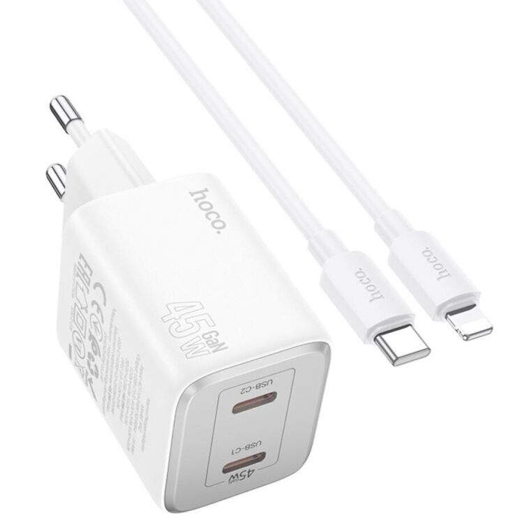 Сетевое зарядное устройство Hoco N42 Elogiado 2C PD45W + кабель Type-C to Lightning - White: фото 1 из 11