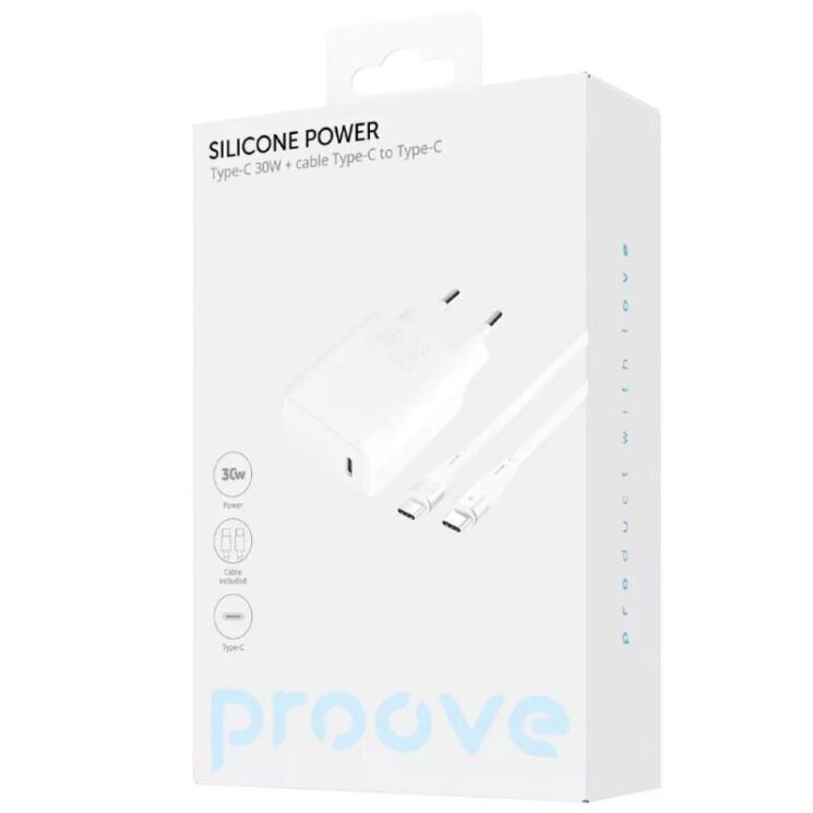 Мережевий зарядний пристрій Proove Silicone Power 30W + кабель Type-C to Type-C - White: фото 5 з 6