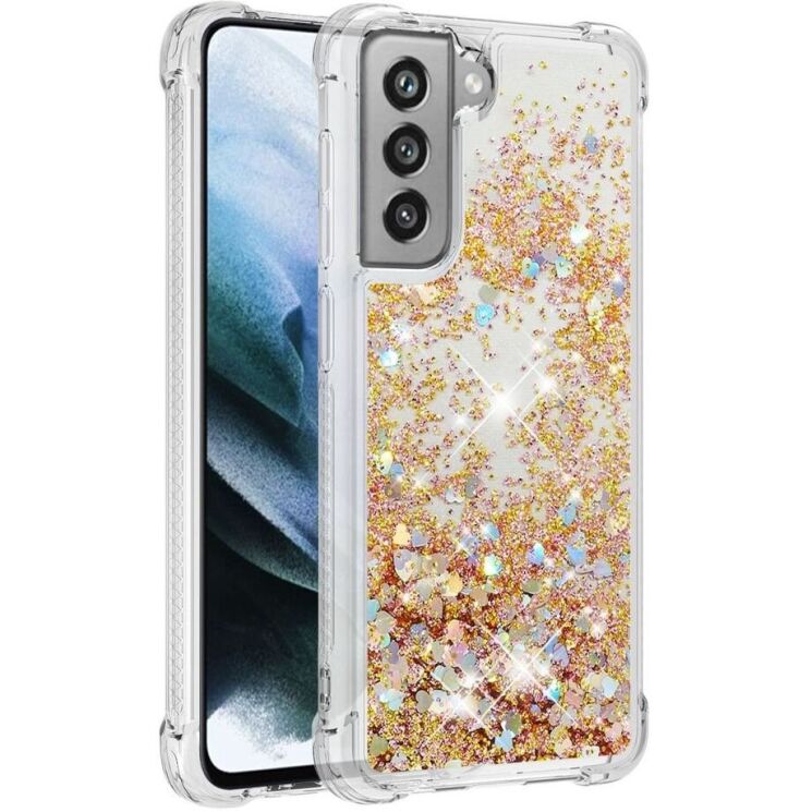 Силиконовый (TPU) чехол Deexe Liquid Glitter для Samsung Galaxy S21 FE (G990) - Gold Hearts: фото 2 из 7