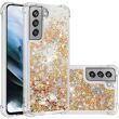Силиконовый (TPU) чехол Deexe Liquid Glitter для Samsung Galaxy S21 FE (G990) - Gold Hearts (230628E)
