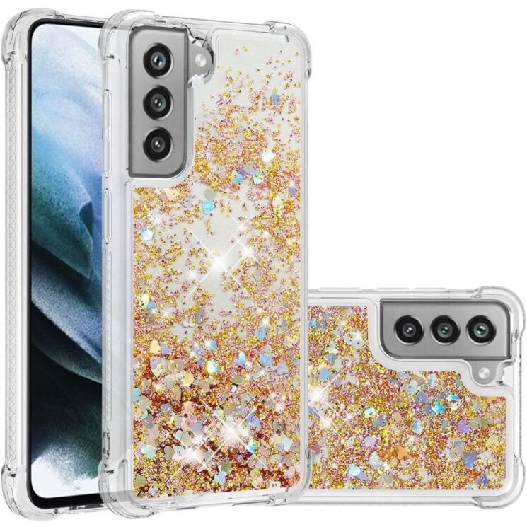 Силиконовый (TPU) чехол Deexe Liquid Glitter для Samsung Galaxy S21 FE (G990) - Gold Hearts: фото 1 из 7