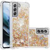 Силіконовий (TPU) чохол Deexe Liquid Glitter для Samsung Galaxy S21 FE (G990) - Gold Hearts (230628E)