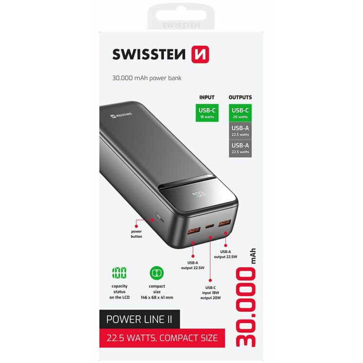 Внешний аккумулятор SWISSTEN Power Line II 22.5W (30000mAh) - Black: фото 2 из 4