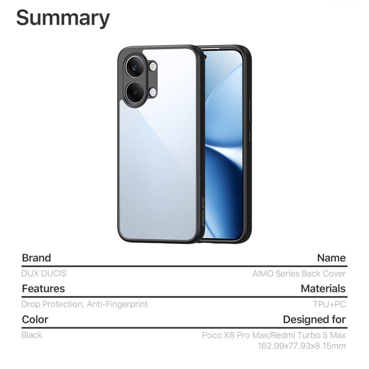 Захисний чохол DUX DUCIS Aimo Series для Xiaomi Poco X8 Pro Max - Black: фото 10 з 10