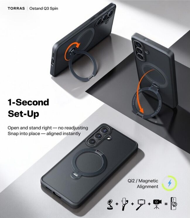 Захисний чохол TORRAS Ostand Q3 Spin (with MagSafe) для Samsung Galaxy S26 - Black: фото 9 з 12