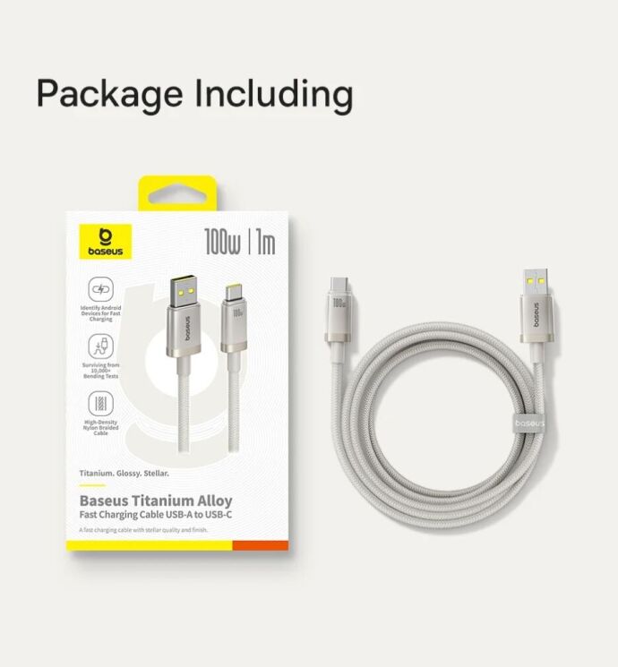 Кабель Baseus Titanium Alloy USB to Type-C (100W, 1m) P10378102 - Galaxy Titanium Gold: фото 20 з 20