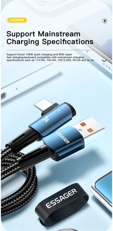 Кабель ESSAGER Sunset USB to Type-C (100W, 7A, 2m) EXCWT7A-CGA01-P - Black: фото 4 з 10