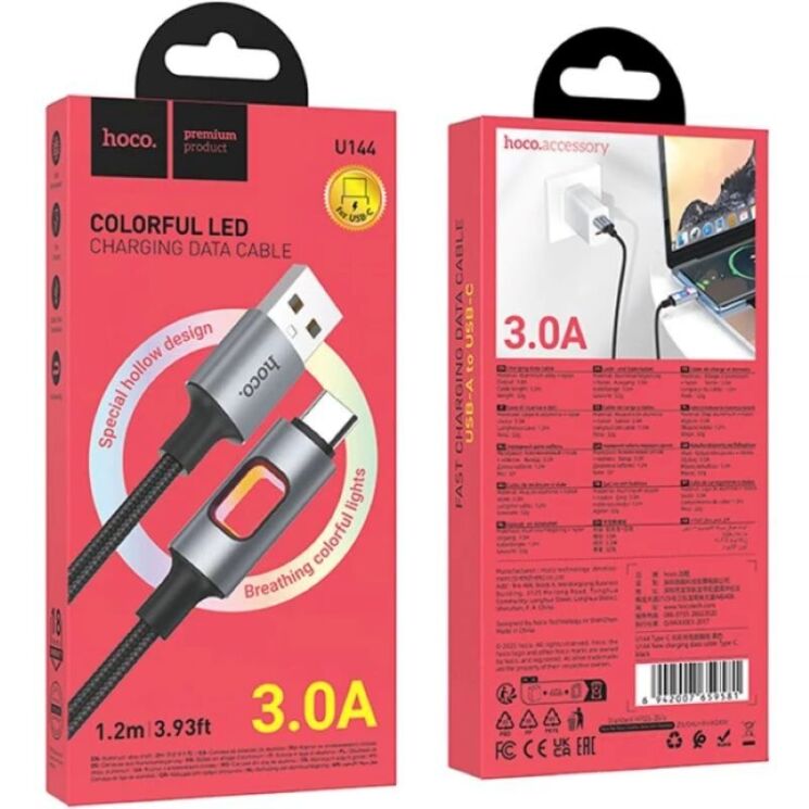 Кабель Hoco U144 USB to Type-C (3A, 1.2m) - Black: фото 5 з 6