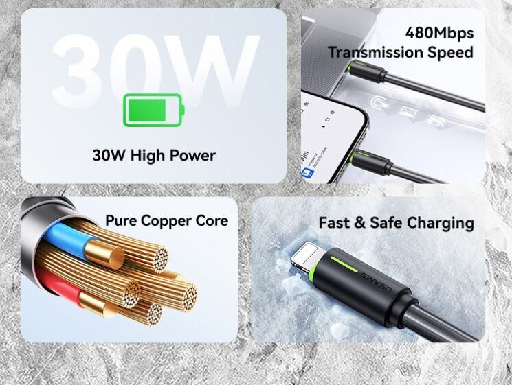 Кабель USAMS SJ735 Type-C to Lightning (30W, 2.4A, 1m) - White: фото 3 из 13