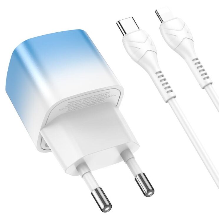 Сетевое зарядное устройство Hoco C101A Single Port PD20W + кабель Type-C to Lightning - Ice Blue: фото 5 из 9