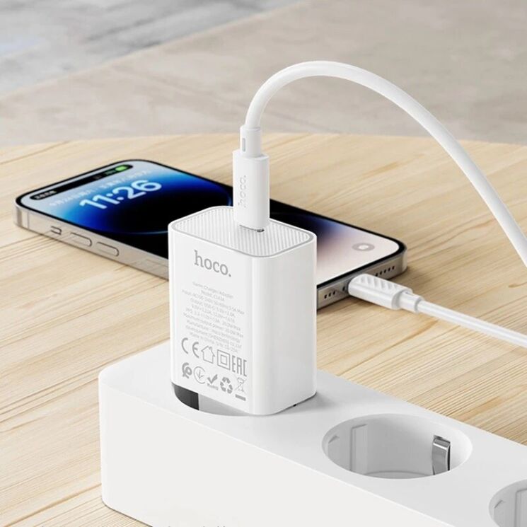 Мережевий зарядний пристрій Hoco C143A PD20W (Type-C) + кабель Type-C to Lightning - White: фото 8 з 8