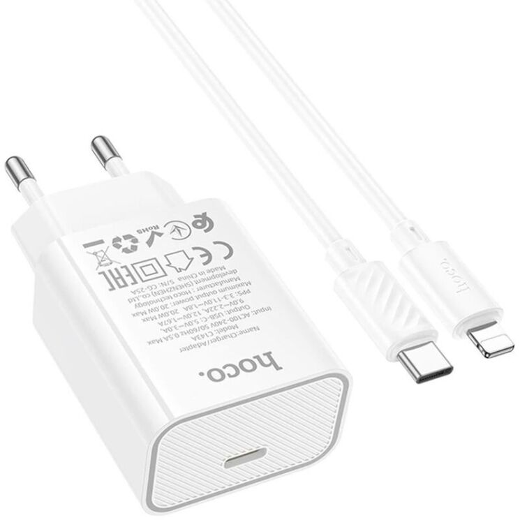 Мережевий зарядний пристрій Hoco C143A PD20W (Type-C) + кабель Type-C to Lightning - White: фото 2 з 8