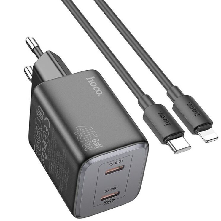 Сетевое зарядное устройство Hoco N42 Elogiado 2C PD45W + кабель Type-C to Lightning - Black: фото 1 из 11