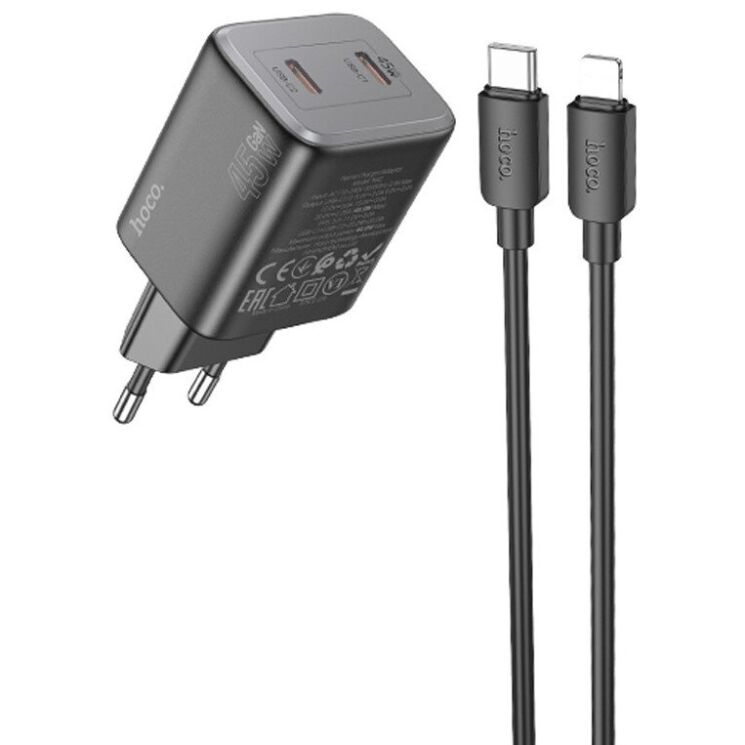 Сетевое зарядное устройство Hoco N42 Elogiado 2C PD45W + кабель Type-C to Lightning - Black: фото 2 из 11