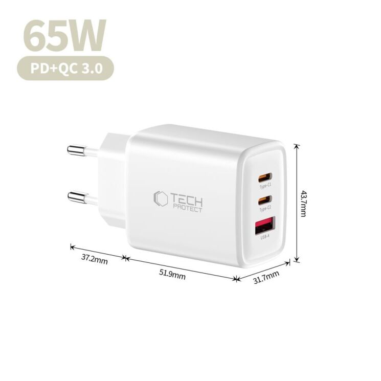 Мережевий зарядний пристрій Tech-Protect Network Charger GaN 65W (2Type-C + USB) - Black: фото 6 з 8