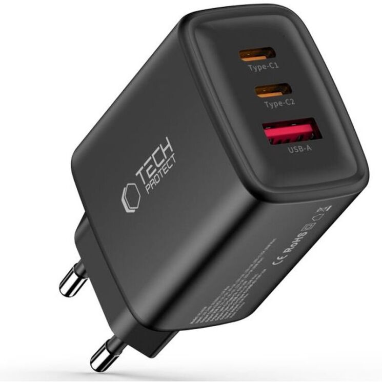 Мережевий зарядний пристрій Tech-Protect Network Charger GaN 65W (2Type-C + USB) - Black: фото 1 з 8