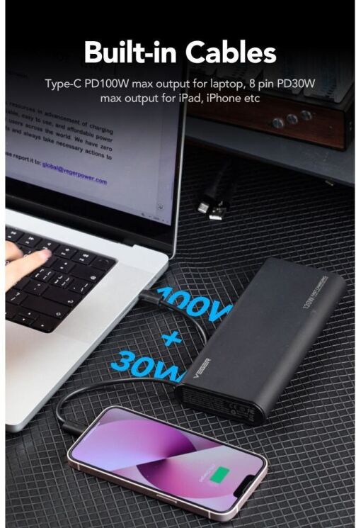 Внешний аккумулятор VEGER TCE130 PD130W (25000mAh) + кабель Type-C + Lightning - Black: фото 9 из 16