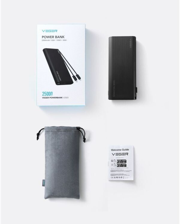 Внешний аккумулятор VEGER TCE130 PD130W (25000mAh) + кабель Type-C + Lightning - Black: фото 16 из 16