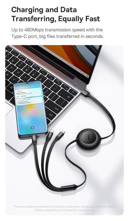 Кабель Baseus Bright Mirror 2 Series 3-in-1 USB to MicroUSB+Lightning+Type-C (66W, 1.1m) CAMJ010101 - Black: фото 25 з 32