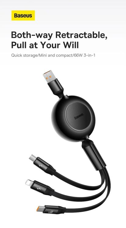 Кабель Baseus Bright Mirror 2 Series 3-in-1 USB to MicroUSB+Lightning+Type-C (66W, 1.1m) CAMJ010101 - Black: фото 11 з 32