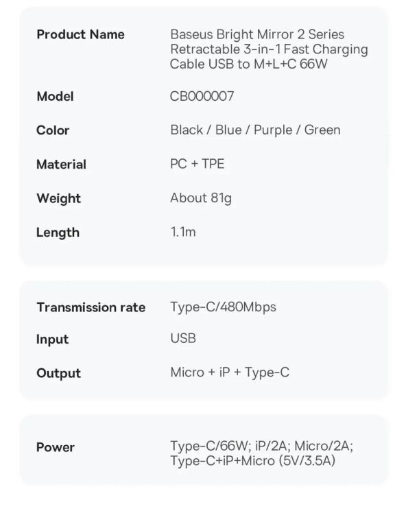 Кабель Baseus Bright Mirror 2 Series 3-in-1 USB to MicroUSB+Lightning+Type-C (66W, 1.1m) CAMJ010101 - Black: фото 30 з 32