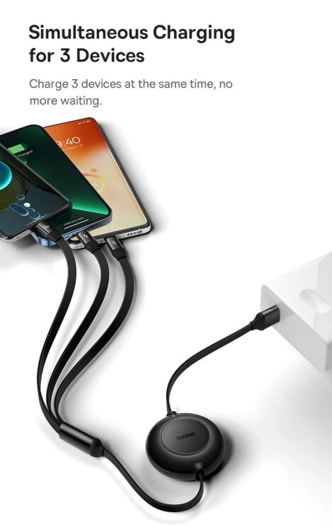 Кабель Baseus Bright Mirror 2 Series 3-in-1 USB to MicroUSB+Lightning+Type-C (66W, 1.1m) CAMJ010101 - Black: фото 21 з 32