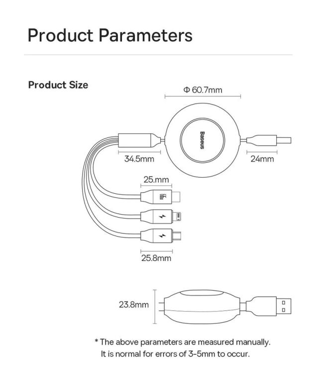 Кабель Baseus Bright Mirror 2 Series 3-in-1 USB to MicroUSB+Lightning+Type-C (66W, 1.1m) CAMJ010101 - Black: фото 29 з 32
