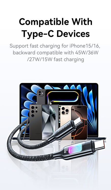 Кабель USAMS US-SJ750 Type-C to Type-C (100W, 1.2m) - Tarnish: фото 11 з 18