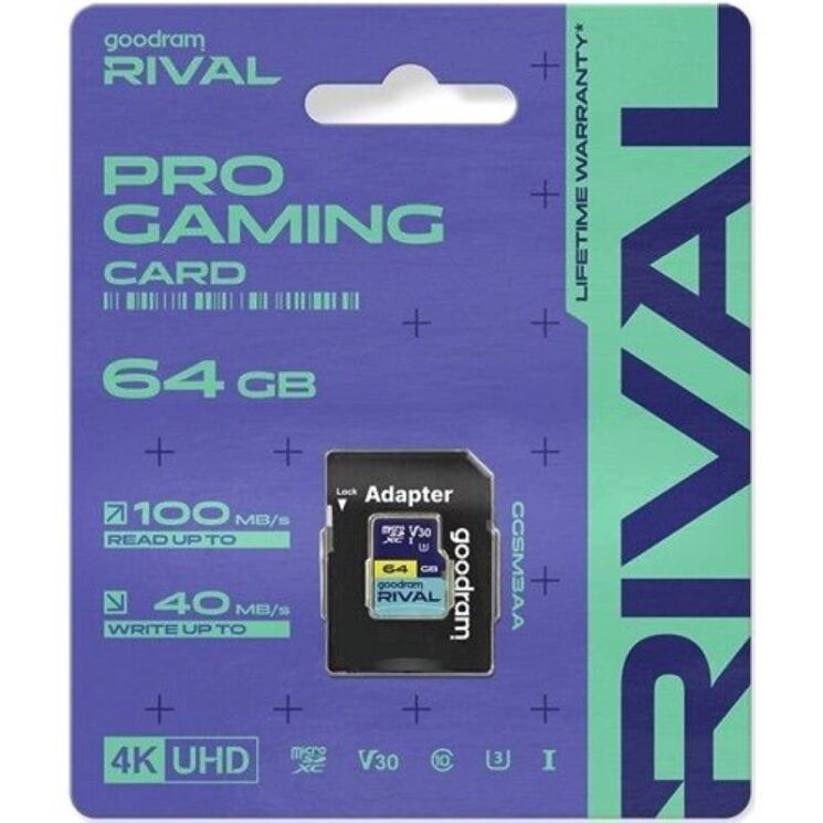 Картка пам&rsquo;ятi GOODRAM MicroSDXC Rival 64GB V30 UHS I U3 R100 + адаптер (GGSM3AA-0640R12): фото 2 з 3