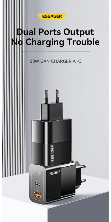 Мережевий зарядний пристрій ESSAGER Pinchen 33W (USB + Type-C) ECTAC-PCB01-P - Black: фото 5 з 15