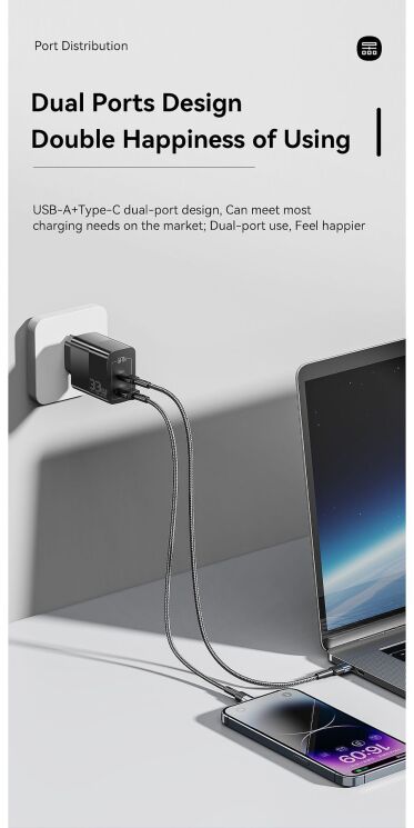Мережевий зарядний пристрій ESSAGER Pinchen 33W (USB + Type-C) ECTAC-PCB01-P - Black: фото 7 з 15