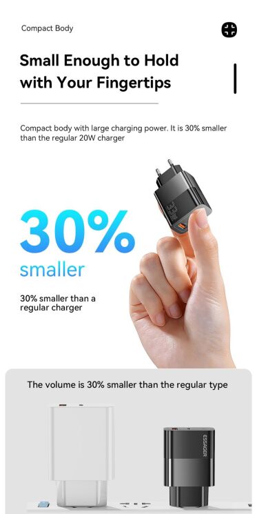 Мережевий зарядний пристрій ESSAGER Pinchen 33W (USB + Type-C) ECTAC-PCB01-P - Black: фото 11 з 15